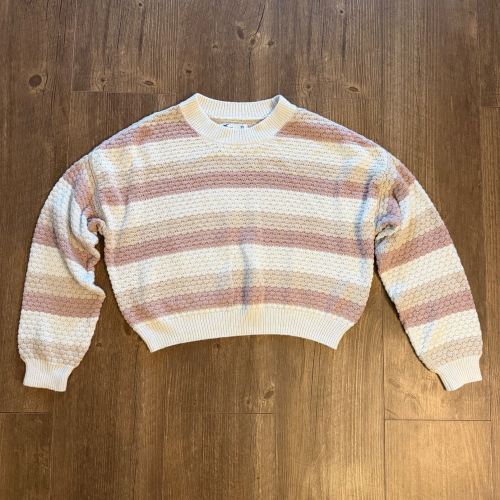 Hollister Striped Cropped Sweater Womens XS Pink Cream Tan Textured Knit Top - Picture 6 of 11